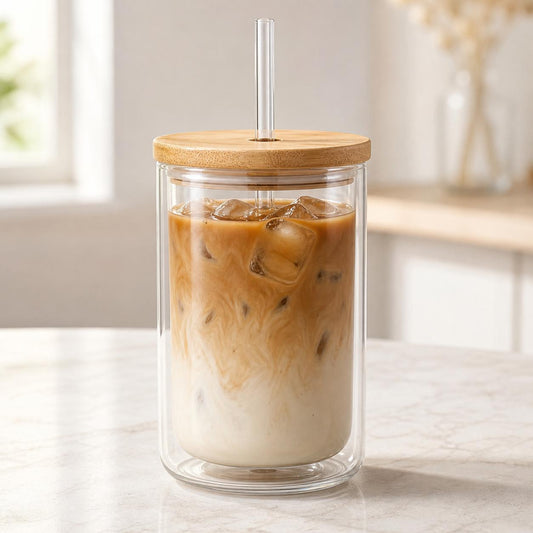 Hojicha Latte Double Wall Glass Mug with Bamboo Lid & Straw - 12oz