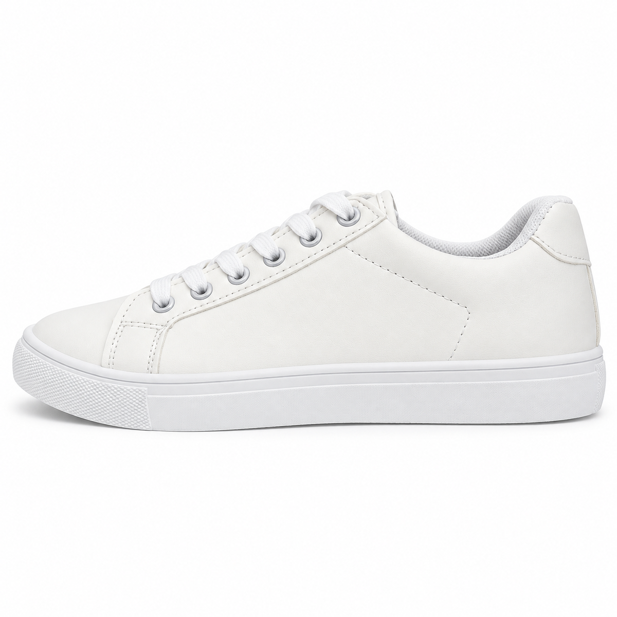 Side profile of fine-grain white low-top sneaker.