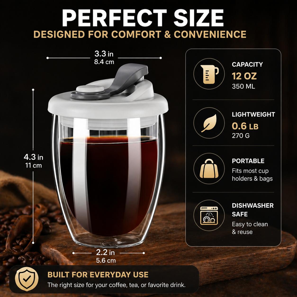 Double Wall Glass Coffee Mug with Lid - 12oz - view 5