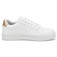 White low-top sneaker plain inner side profile with gold heel patch.
