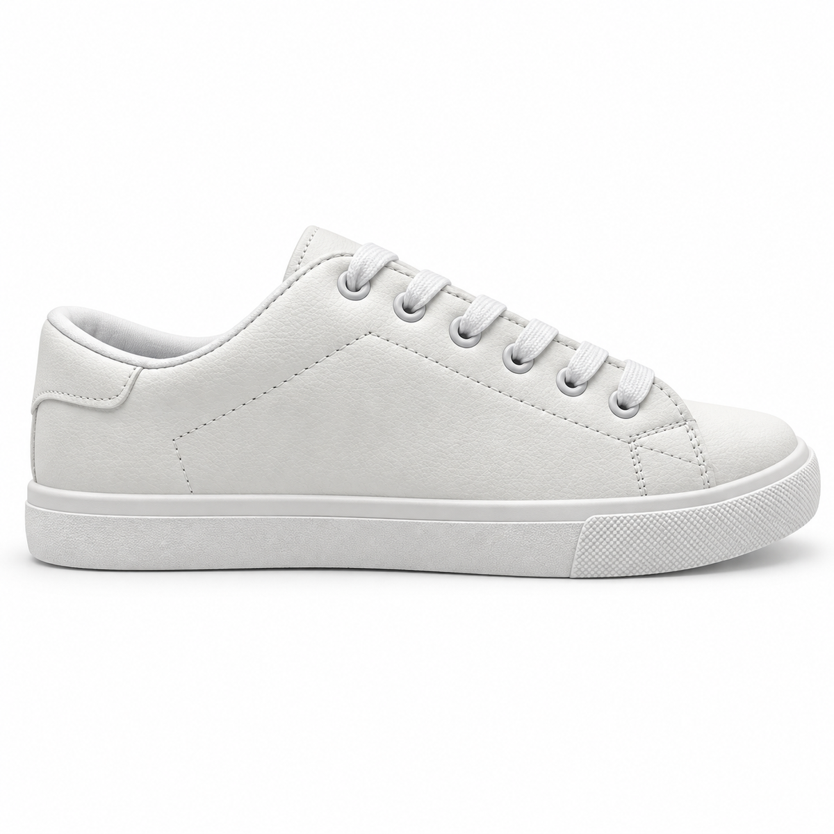 Opposite side profile of textured all-white low-top sneaker.