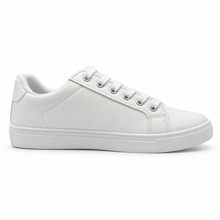 Opposite side profile of fine-grain white low-top sneaker.