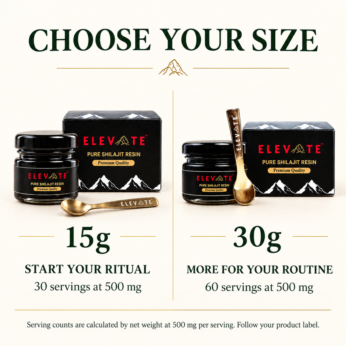 Compare 15g and 30g Elevate Shilajit Resin: 30 or 60 servings respectively at 500 mg per serving.