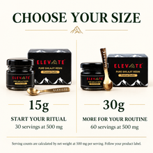 Compare 15g and 30g Elevate Shilajit Resin: 30 or 60 servings respectively at 500 mg per serving.