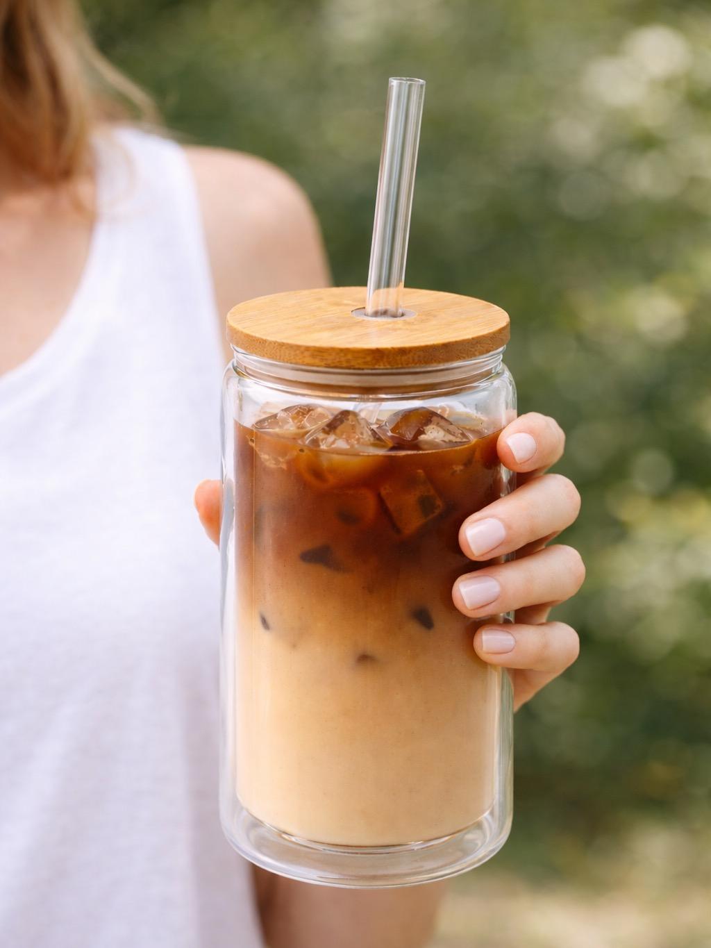 Hojicha Latte Double Wall Glass Mug with Bamboo Lid & Straw - 12oz
