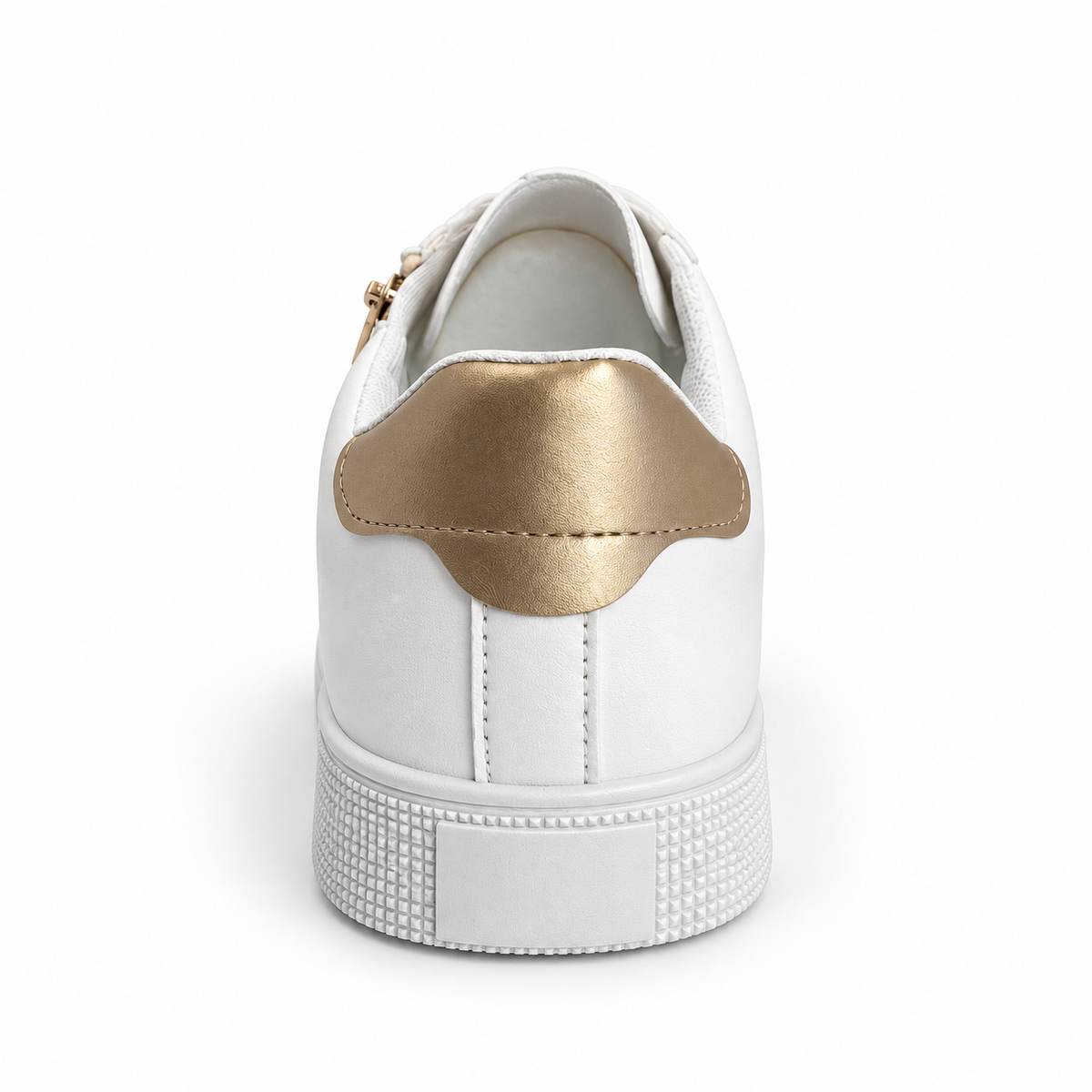 Rear view of white low-top sneaker showing metallic gold heel patch.