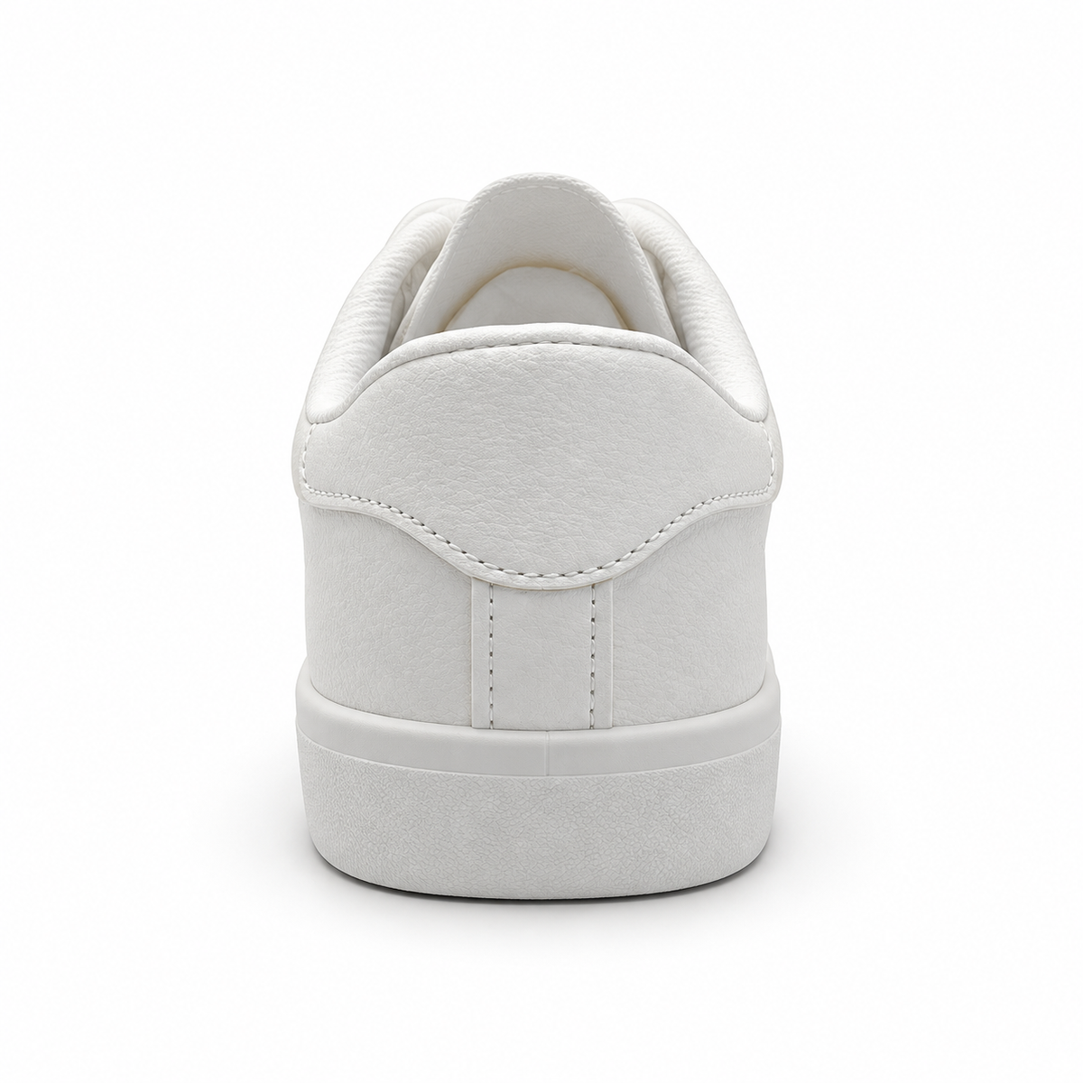 Rear heel view of textured all-white low-top sneaker.