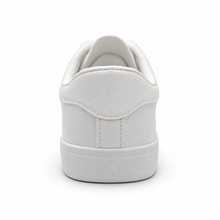 Rear heel view of textured all-white low-top sneaker.