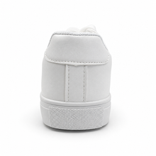 Rear heel view of fine-grain white low-top sneaker.
