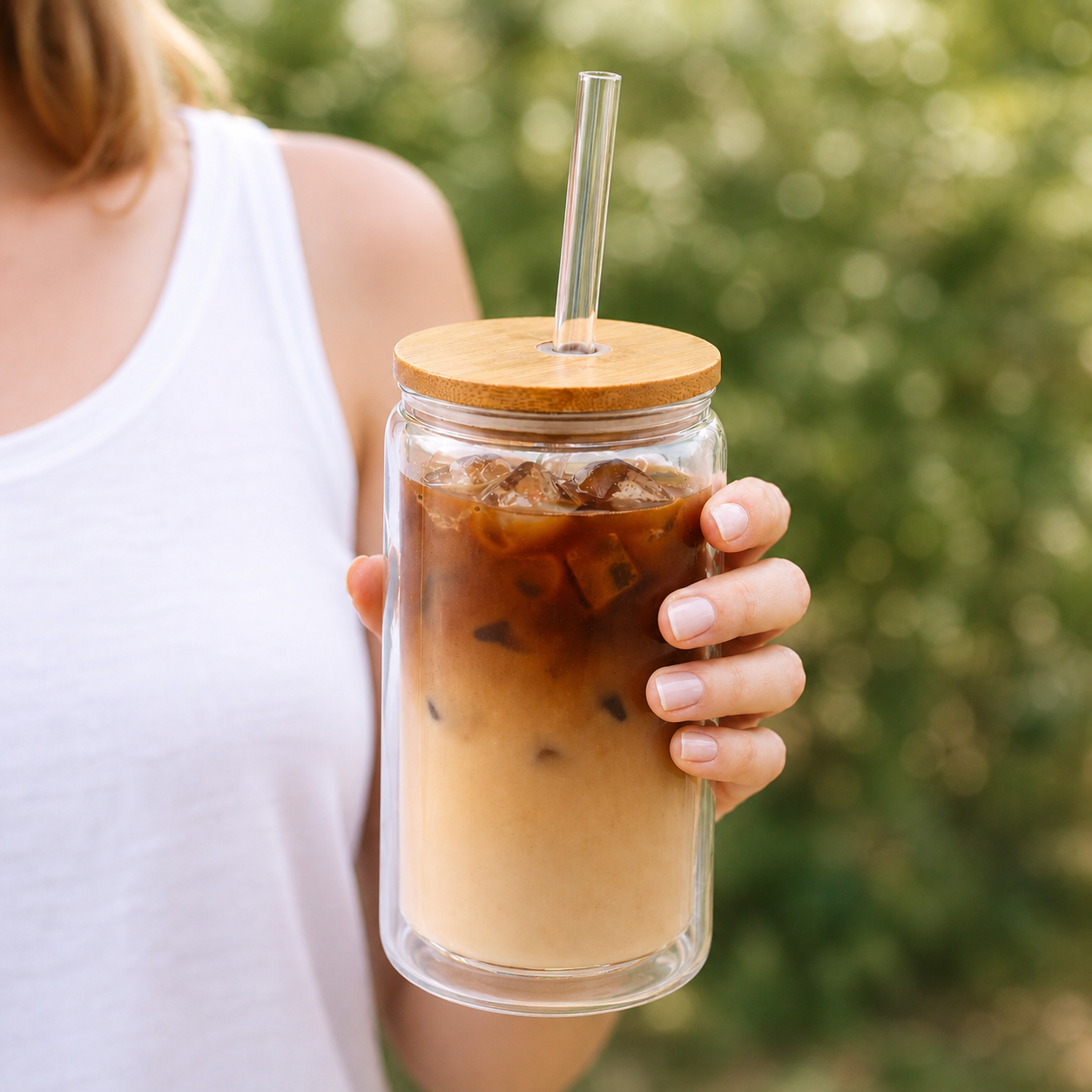 12oz Double-Wall Iced Coffee Glass — Bamboo Lid & Glass Straw