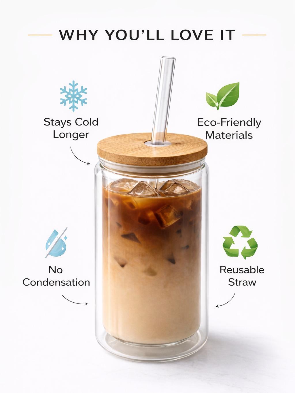 Hojicha Latte Double Wall Glass Mug with Bamboo Lid & Straw - 12oz