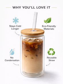 Hojicha Latte Double Wall Glass Mug with Bamboo Lid & Straw - 12oz