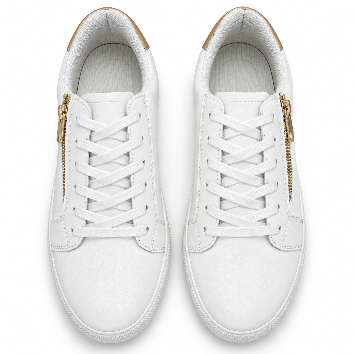 Top view of white low-top sneaker pair with flat white laces and outer-side gold zippers.