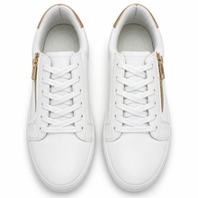 Top view of white low-top sneaker pair with flat white laces and outer-side gold zippers.