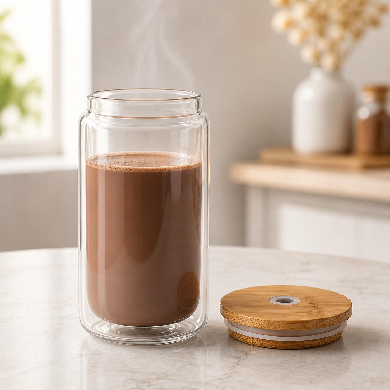 12oz Double-Wall Iced Coffee Glass — Bamboo Lid & Glass Straw