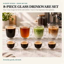 Eight-piece double-wall glass drinkware set with four 12oz handled mugs and four 2.7oz espresso shot glasses.