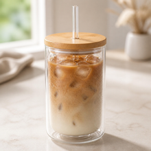 12oz Double-Wall Iced Coffee Glass — Bamboo Lid & Glass Straw
