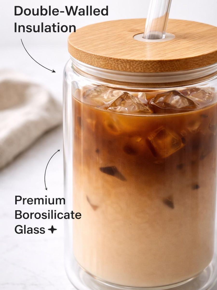 Hojicha Latte Double Wall Glass Mug with Bamboo Lid & Straw - 12oz