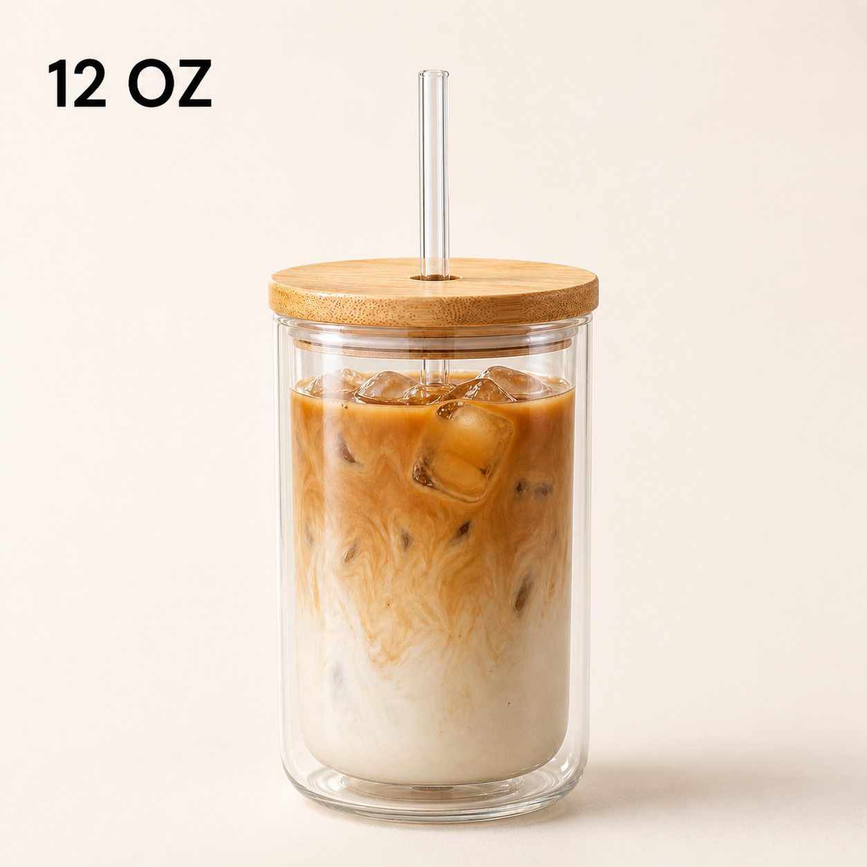 12oz Double-Wall Iced Coffee Glass — Bamboo Lid & Glass Straw