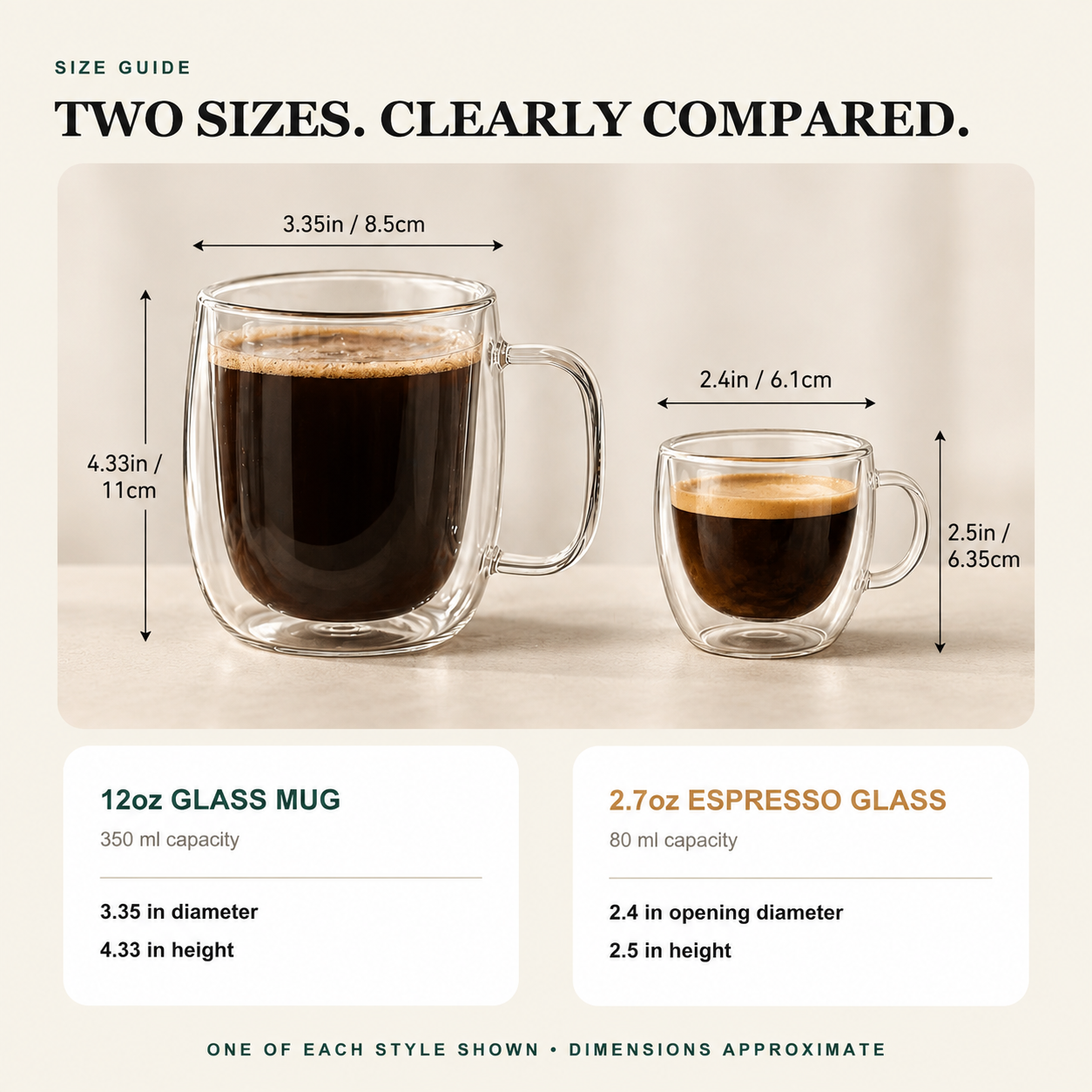 12oz double-wall glass mug and 2.7oz espresso glass shown side by side with dimensions.