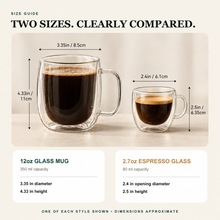 12oz double-wall glass mug and 2.7oz espresso glass shown side by side with dimensions.