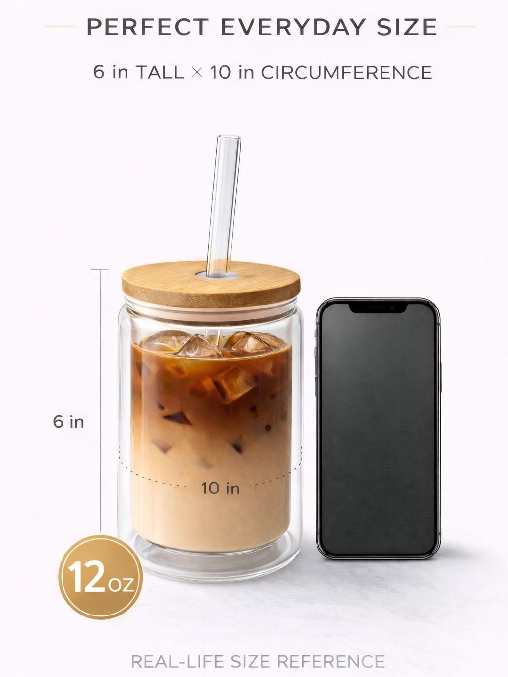 Hojicha Latte Double Wall Glass Mug with Bamboo Lid & Straw - 12oz