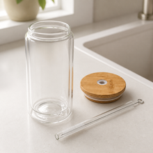 12oz Double-Wall Iced Coffee Glass — Bamboo Lid & Glass Straw