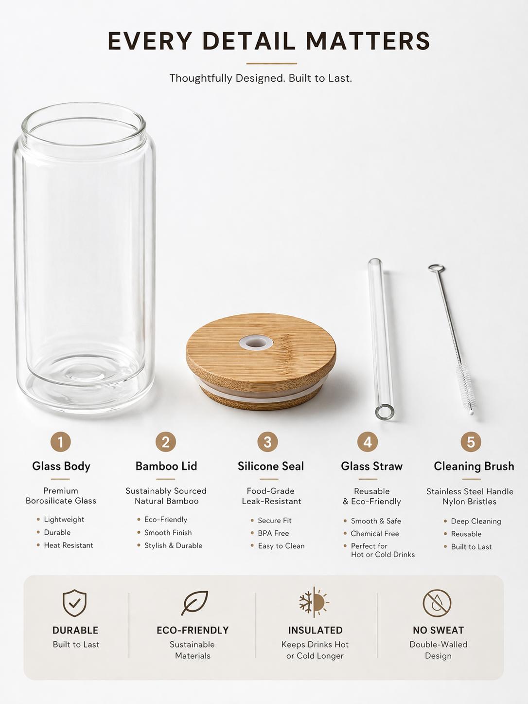Hojicha Latte Double Wall Glass Mug with Bamboo Lid & Straw - 12oz