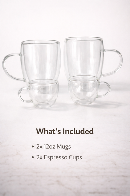 Classic Double Wall Glass Coffee Starter Set – Insulated Mugs & Espresso Cups (No Sweat)
