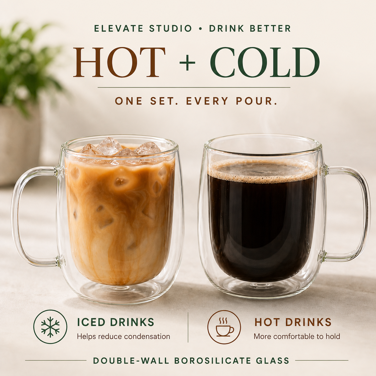 Double-wall glass mugs holding hot coffee and iced drinks.