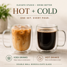 Double-wall glass mugs holding hot coffee and iced drinks.