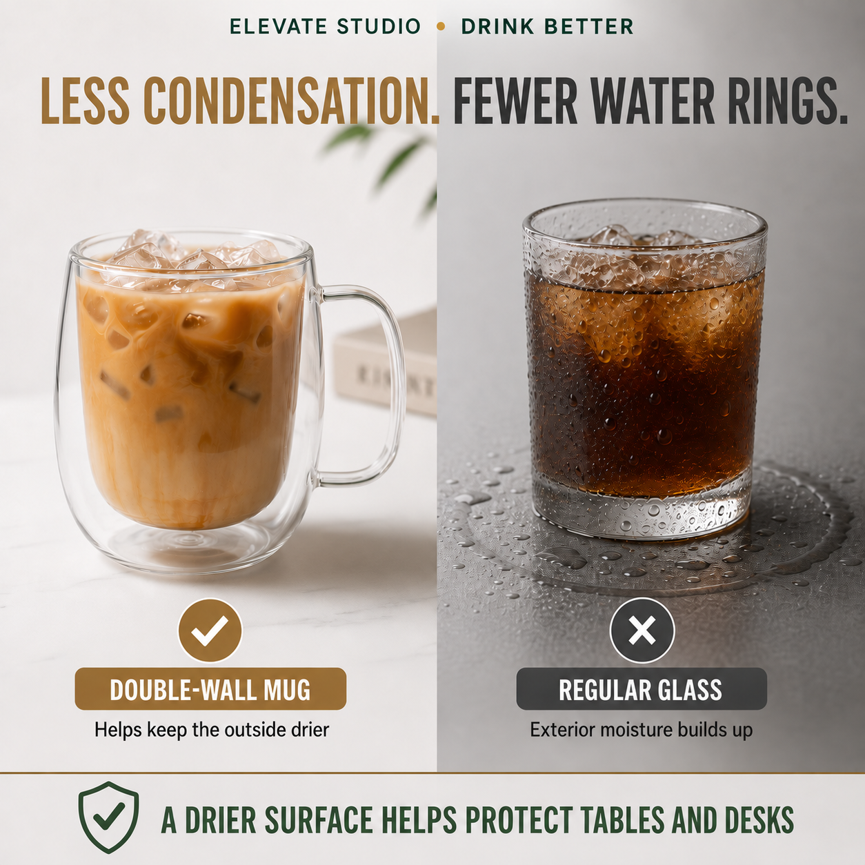 Double-wall mug condensation comparison with a regular drinking glass.