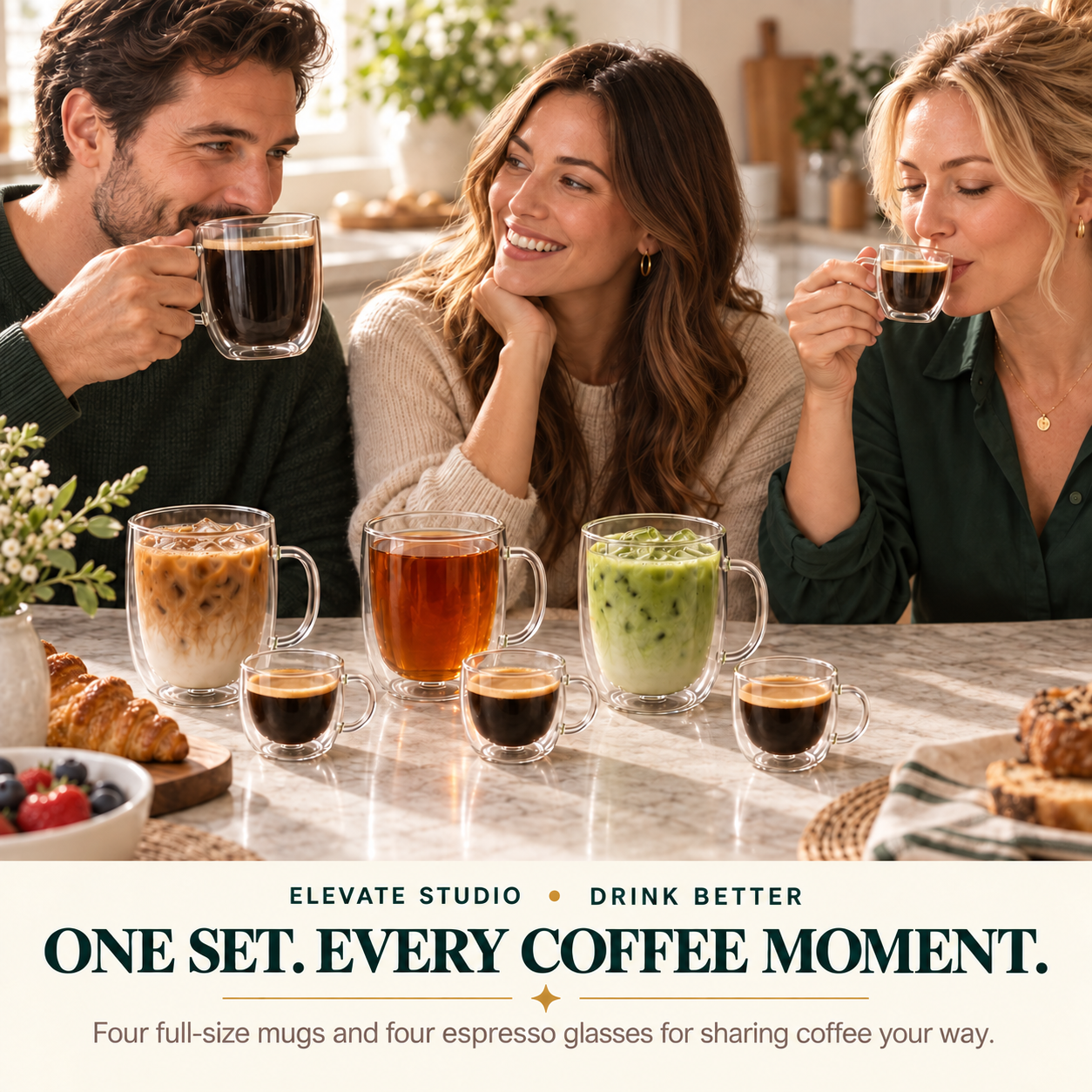 Three adults sharing coffee with the eight-piece double-wall glass mug and espresso glass set.