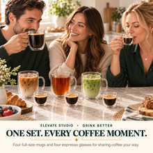 Three adults sharing coffee with the eight-piece double-wall glass mug and espresso glass set.