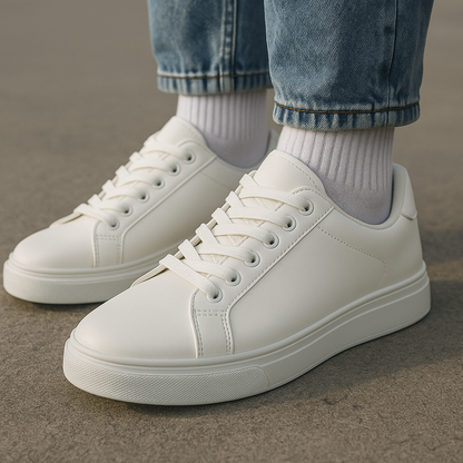 Men's White Leather Low Top Casual Walking Sneakers Tennis Shoes