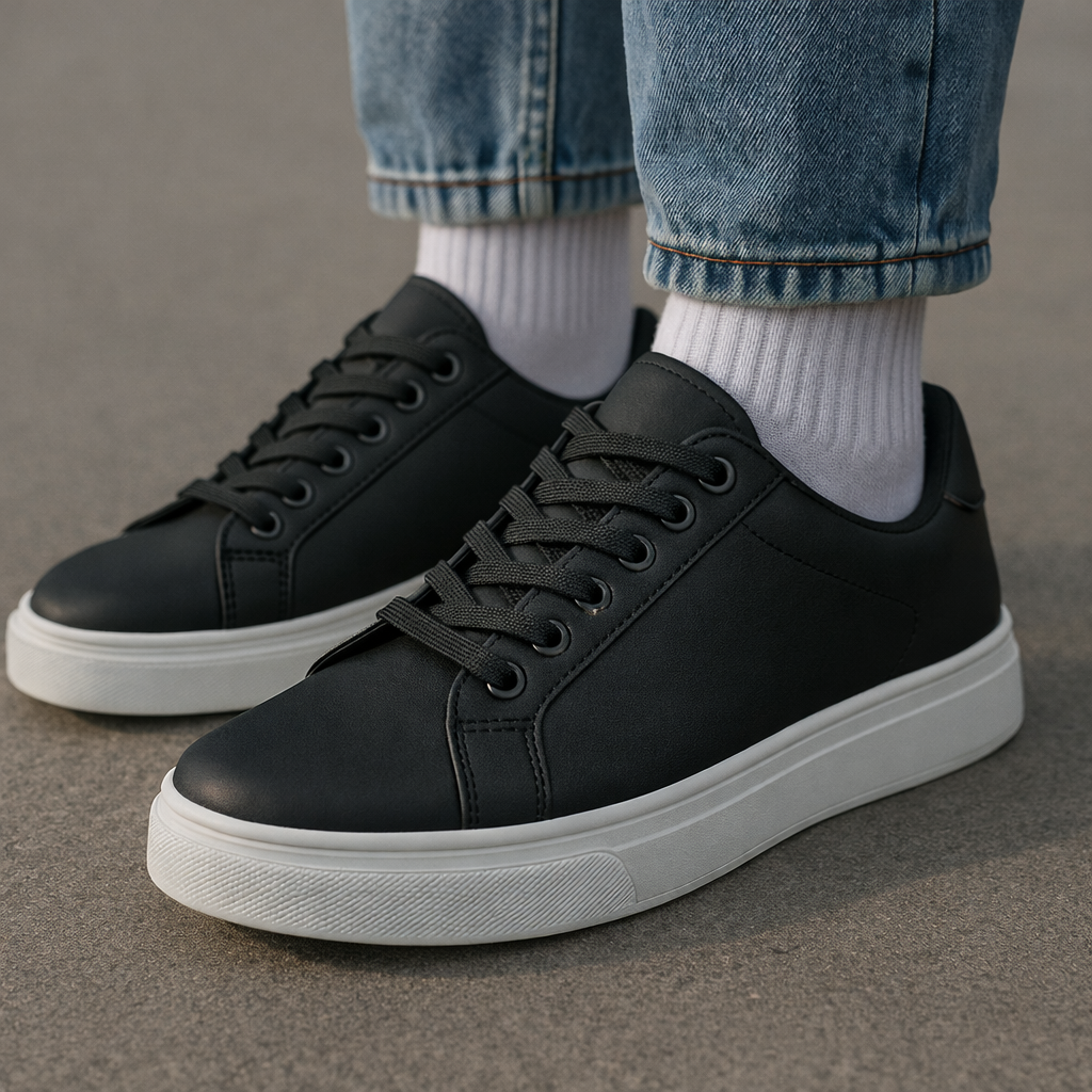 Men's Black Leather Low Top Casual Walking Sneakers Tennis Shoes