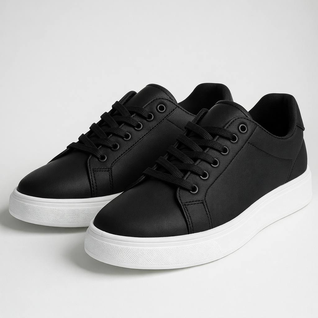 Men's Black Leather Low Top Casual Walking Sneakers Tennis Shoes