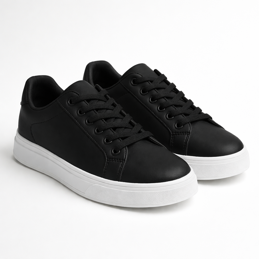 Men's Black Leather Low Top Casual Walking Sneakers Tennis Shoes