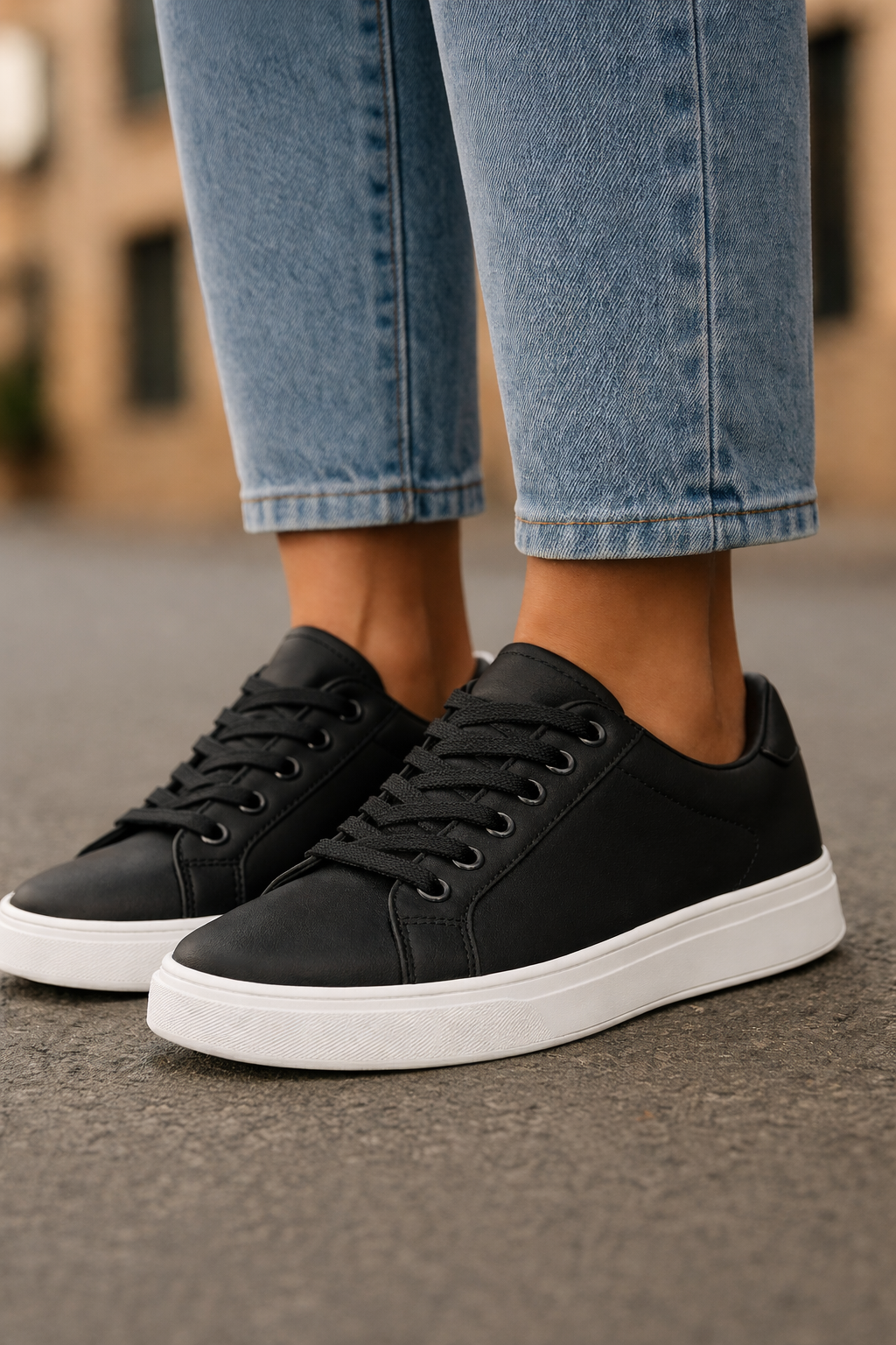 Women's Black Leather Low Top Casual Walking Sneakers Tennis Shoes