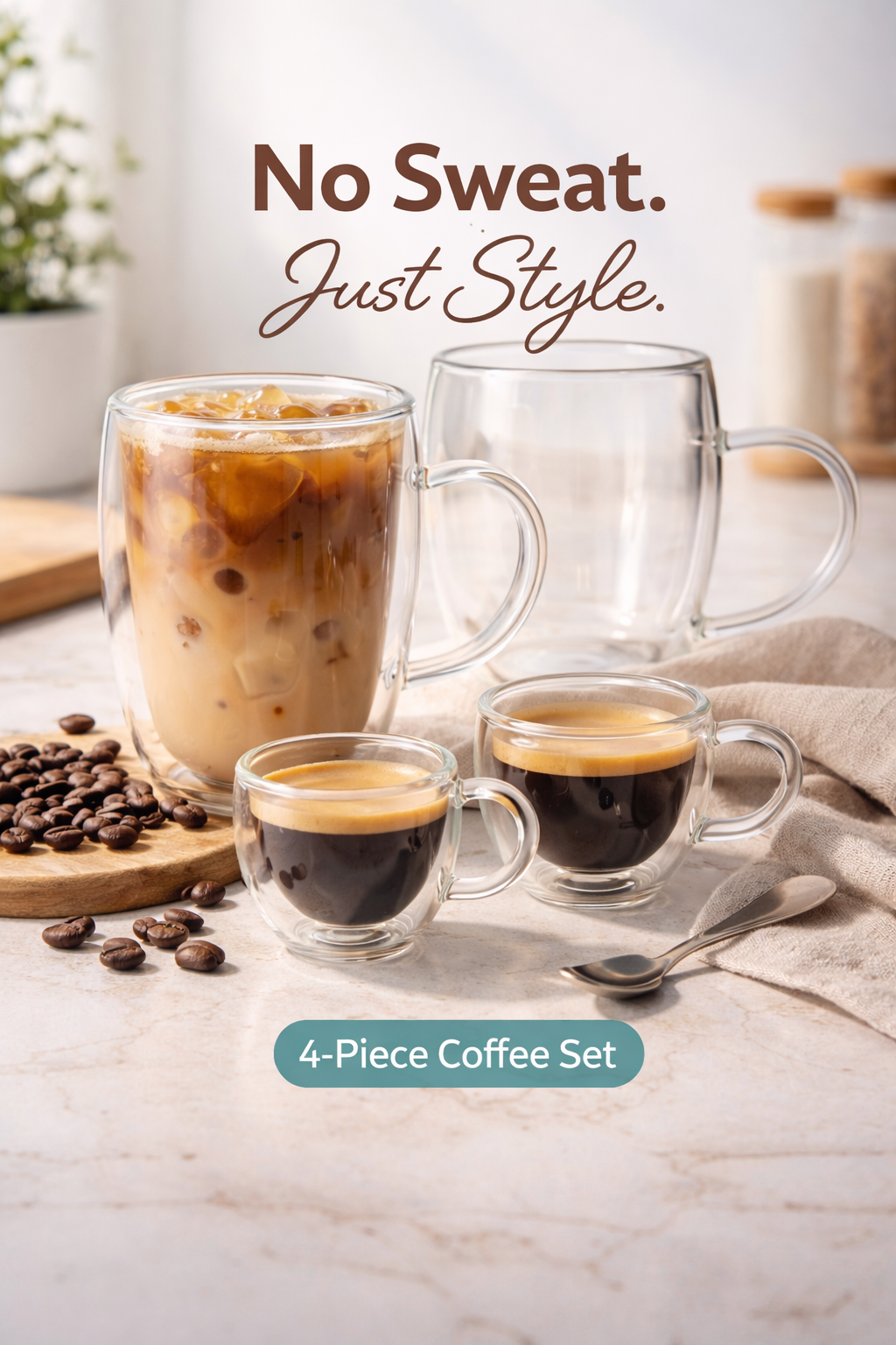 Classic Double Wall Glass Coffee Starter Set – Insulated Mugs & Espresso Cups (No Sweat)