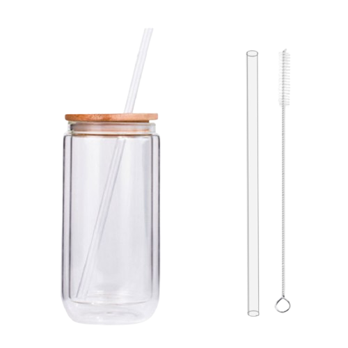 12oz double wall glass cup with bamboo lid and glass straw