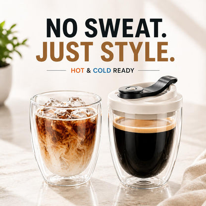 Double Wall Glass Coffee Mug with Lid - 12oz