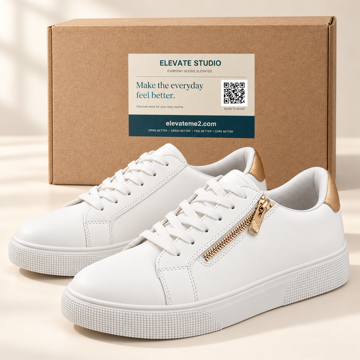 Gold Zip Men’s Sneakers — White PU Leather, Thick Rubber Sole & Gold Heel