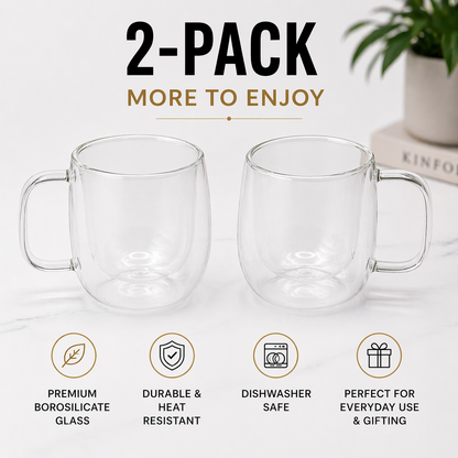 Modern Double Wall Glass Mug - 12oz - 2 Mugs Set