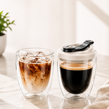 Double Wall Glass Coffee Mug with Lid - 12oz