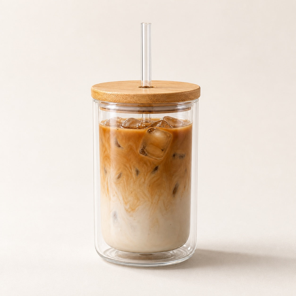 Hojicha Latte Double Wall Glass Mug with Bamboo Lid & Straw - 12oz