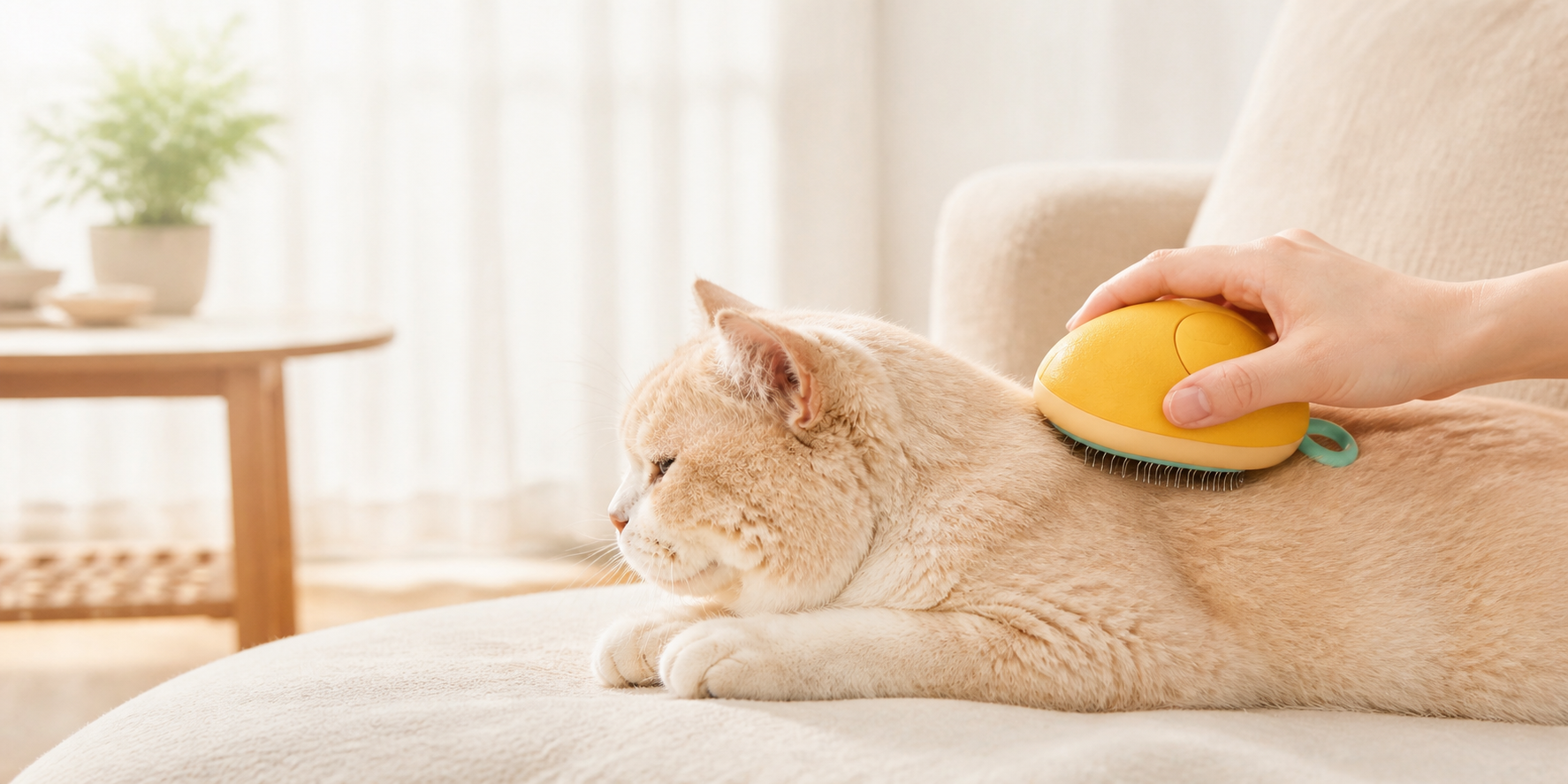 A relaxed cream-colored cat being gently groomed with the yellow lemon-shaped pet brush