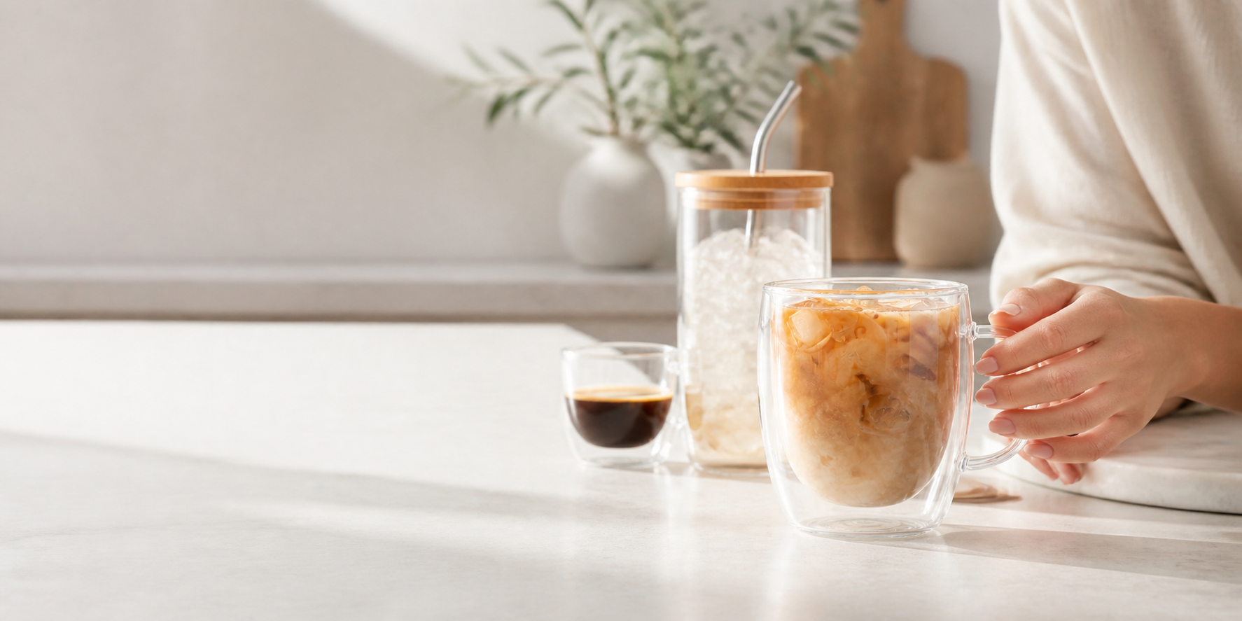 A hand reaching for an iced latte in a clear double-wall mug during a bright morning coffee ritual