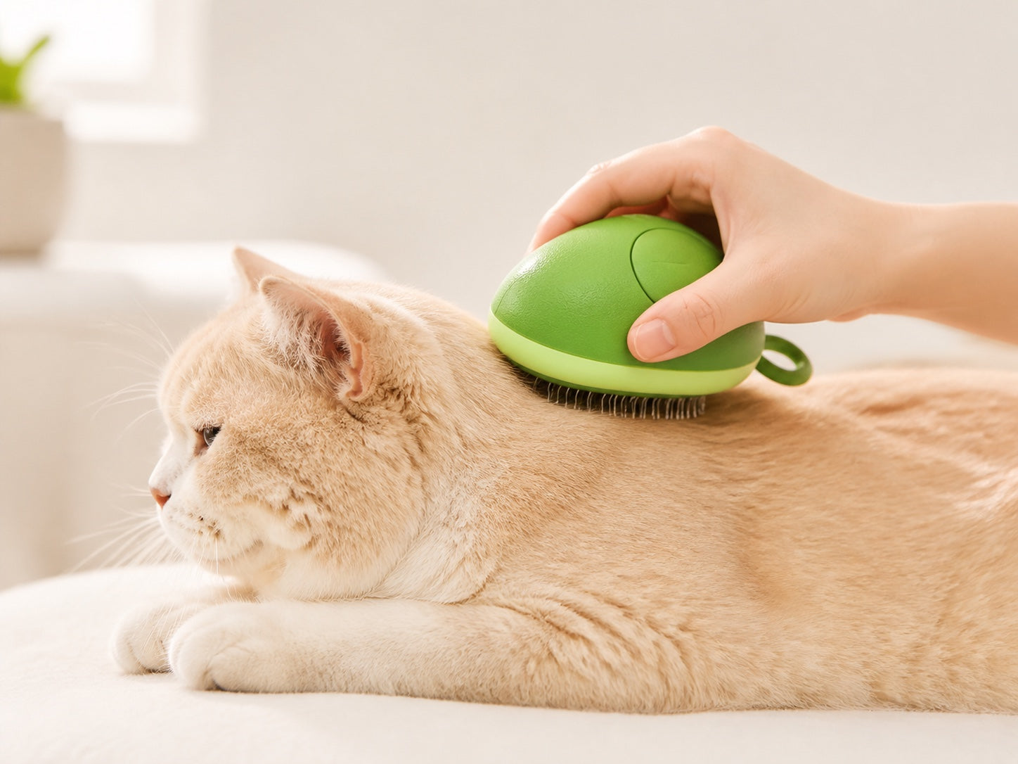 Green Everyday Pet Grooming Brush gently brushing a cream-colored cat
