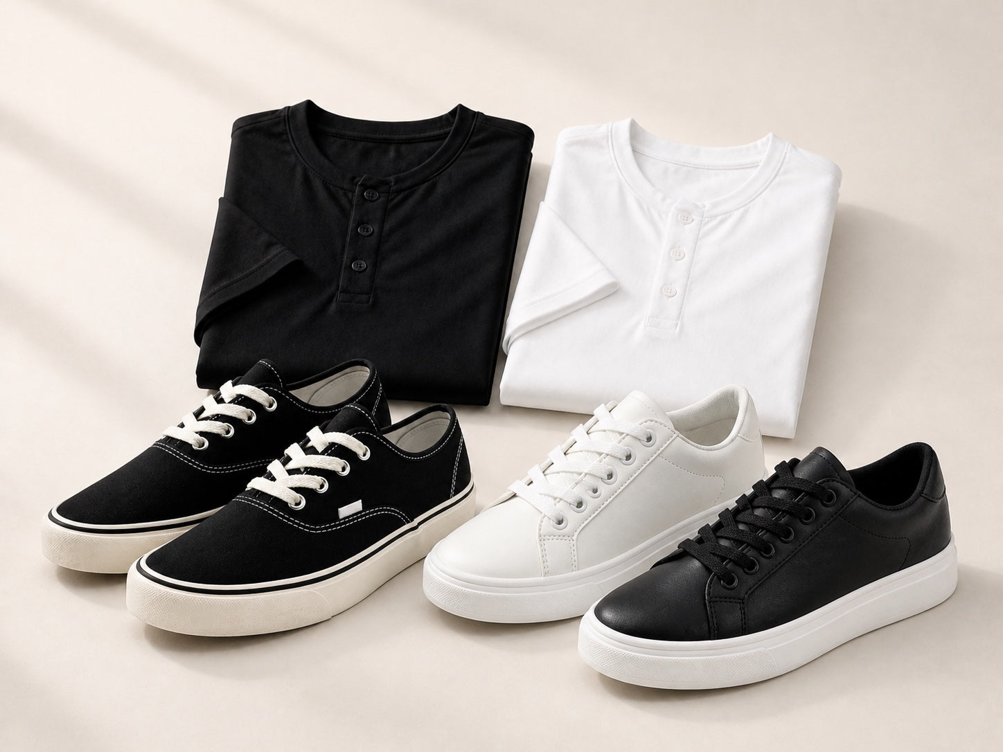 Henley shirts and black and white sneakers for Dress Better